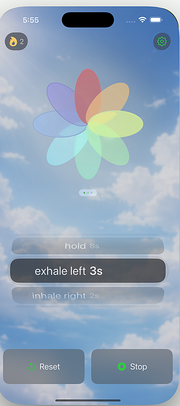 The app guiding a session over a sky scene: the soft breathing flower, then hold 8s, exhale left 3s, inhale right 2s.