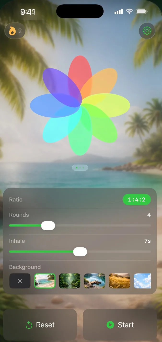 The main screen: ratio 1:4:2, four rounds, a seven-second inhale and the scene picker.